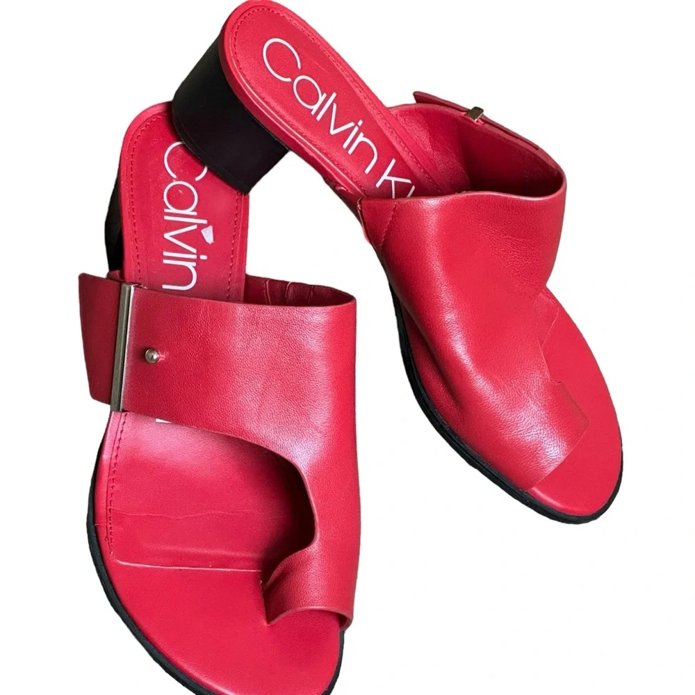 Calvin Klein ladies red leather square heels shoes size 9 - Picture 1 of 8